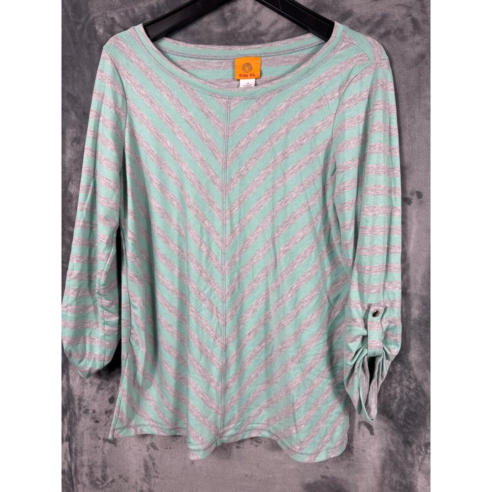 Ruby Rd. Blouse Womens Striped Top With Button Cuffs Mint & Gray Size M Shirt